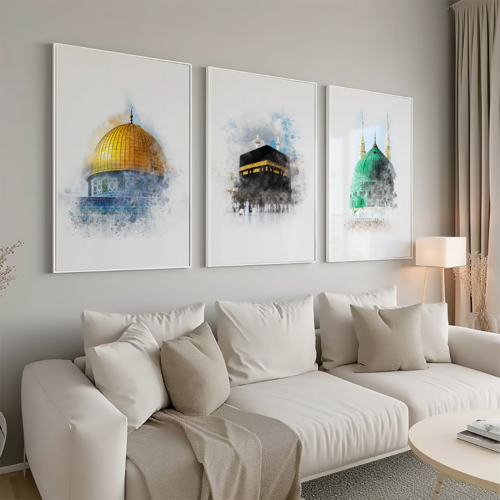 Hayyart Aksa, Kabe, Mescidi Nebevi Ahşap Çerçeveli Minimalist 3'lü İslami Tablo Set - Görsel 11