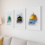 Hayyart Aksa, Kabe, Mescidi Nebevi Ahşap Çerçeveli Minimalist 3'lü İslami Tablo Set - Görsel 10