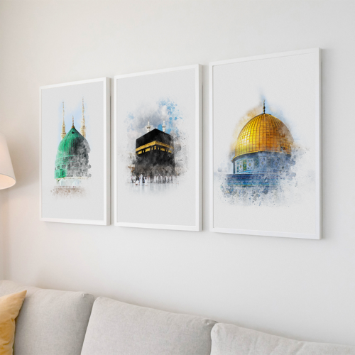 Hayyart Aksa, Kabe, Mescidi Nebevi Ahşap Çerçeveli Minimalist 3'lü İslami Tablo Set - Görsel 10