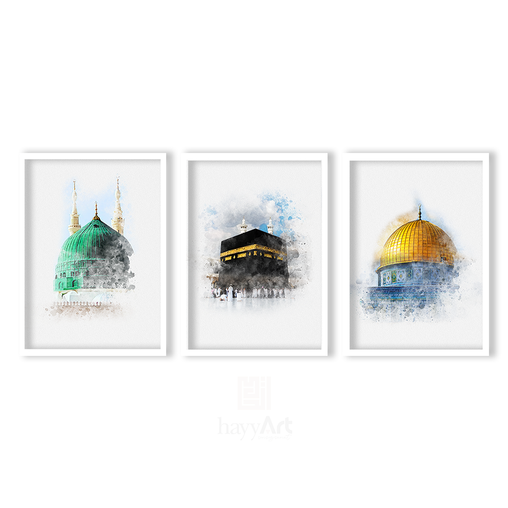 Hayyart Aksa, Kabe, Mescidi Nebevi Ahşap Çerçeveli Minimalist 3'lü İslami Tablo Set