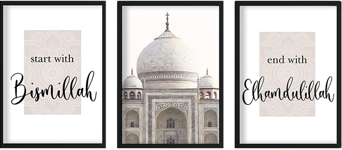 Hayyart Bismillah, Taj Mahal, Elhamdülillah Ahşap Çerçeveli 3'lü İslami Tablo Set